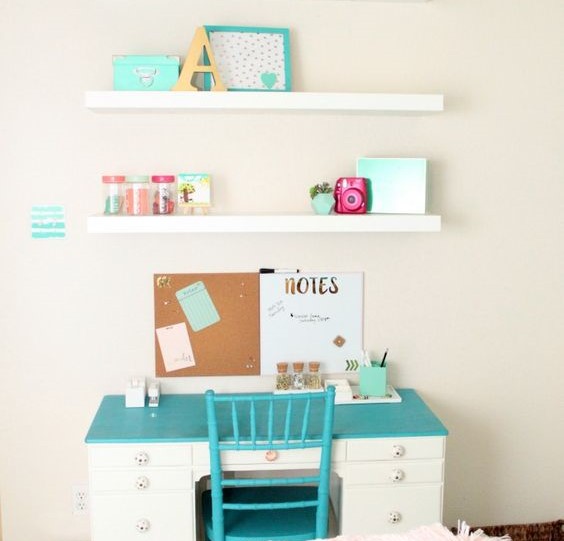 girls bedroom decor ideas desk painted furniture floating shelves teal message board