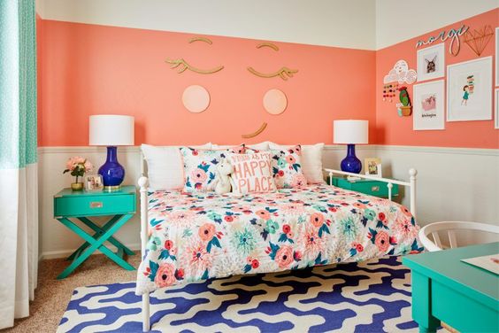girls room decor ideas coral walls teal accents wall face stripes blue rug tamcam10