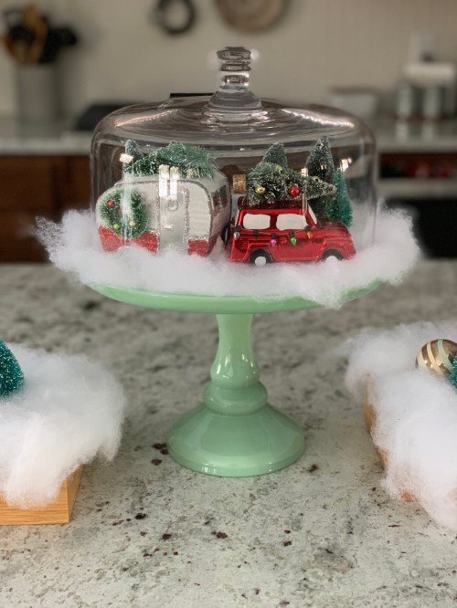 Green Cake Stand Christmas Decor, Truck and Camper Christmas Ornaments, tamcam10
