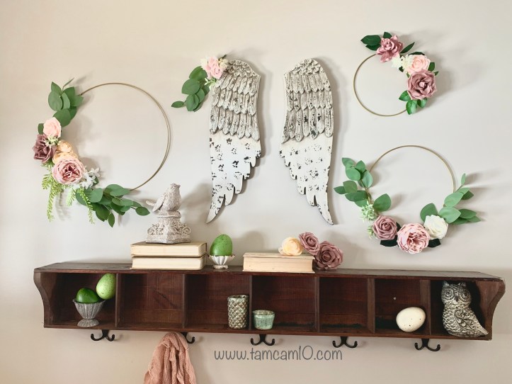 Spring Decor Floral Hoop Wreath Entry Way Pink Flowers Angel Wings Easter Egg Decor