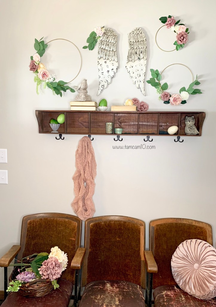 Spring Decor Floral Hoop Wreath Entry Way Pink Flowers Angel Wings