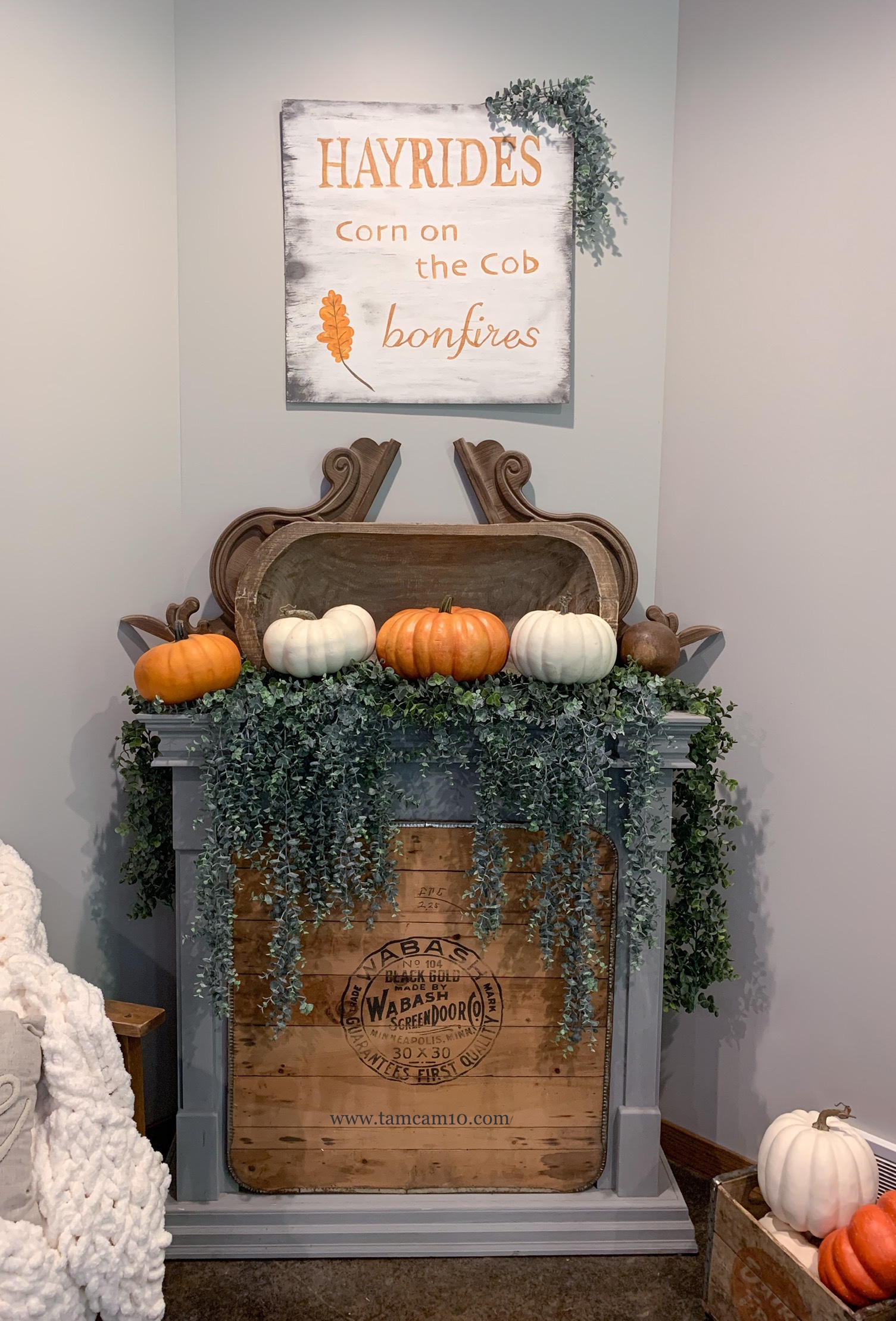 Fall Decor Idea | Farmhouse Style | Mantel Decor | Faux Fireplace | Faux Pumpkins | Hanging Eucalyptus | Dough Bowl | Decor Steals | tamcam10 |