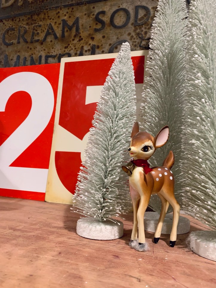 Vintage Metal Gas Numbers Bottle Brush Trees Deer Figurine