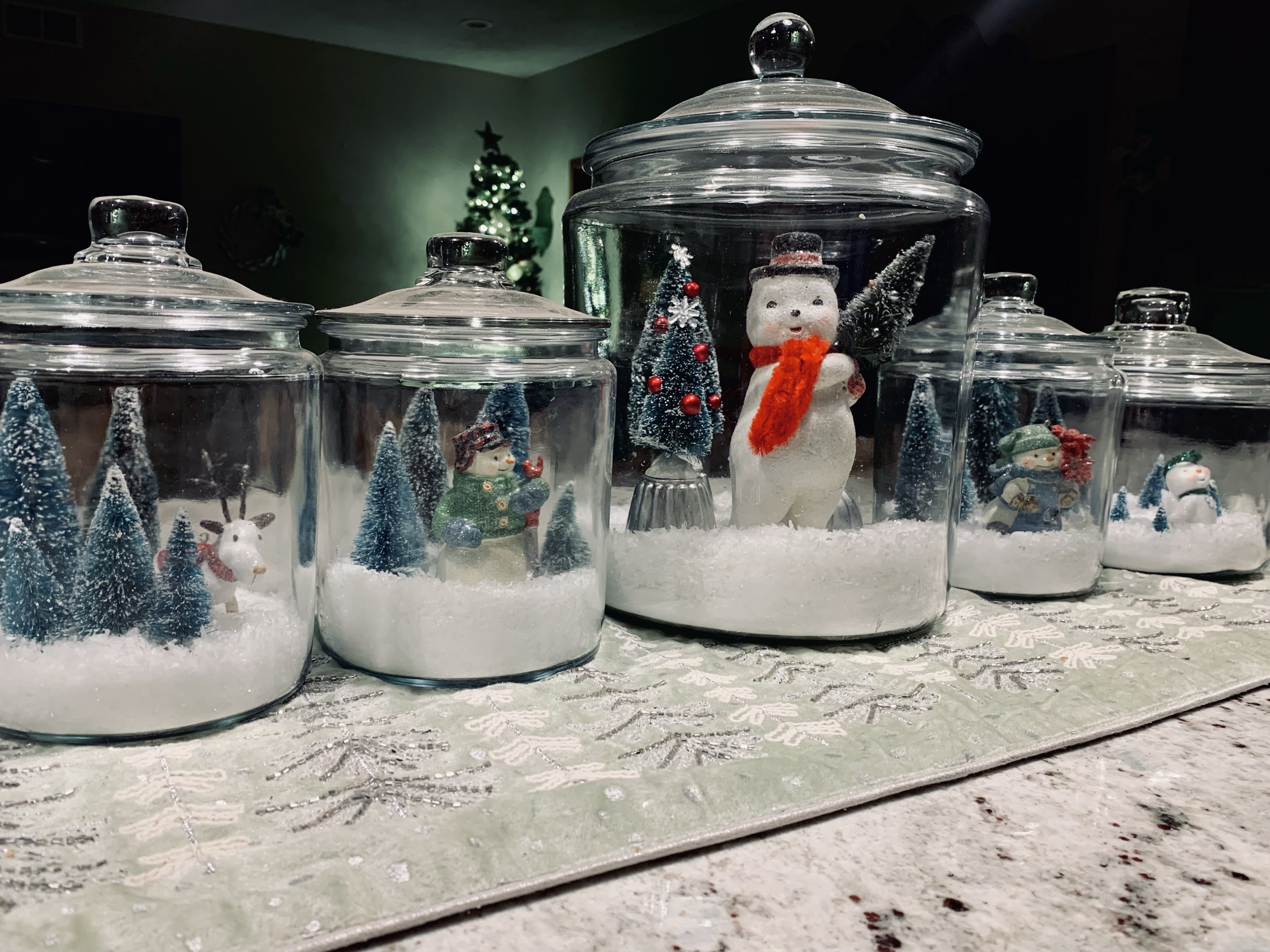 Christmas Decor Hallmark Snowman Bottle Brush Trees Jello Tins Heritage Hill Containers